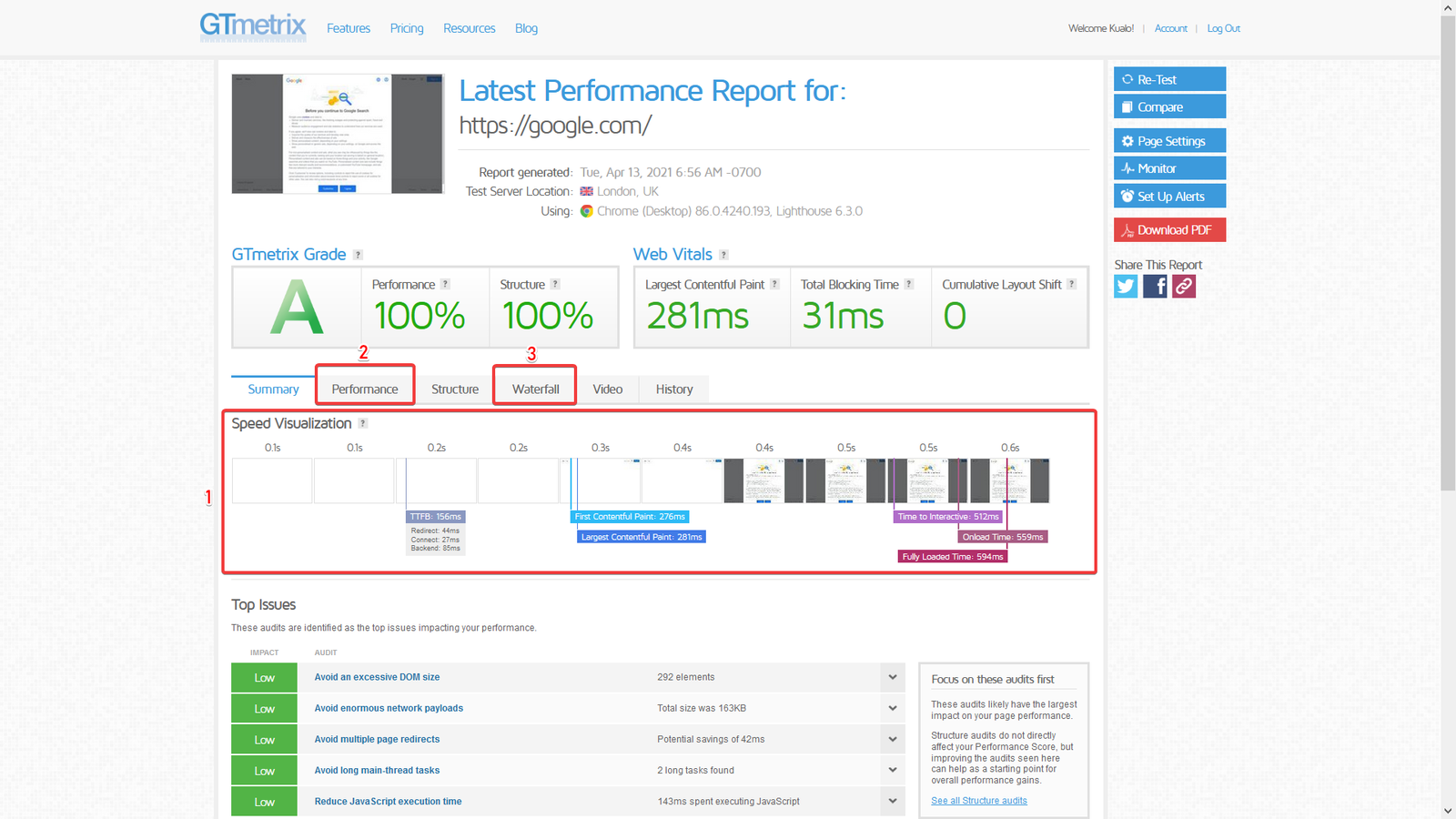 GTmetrix performance tab