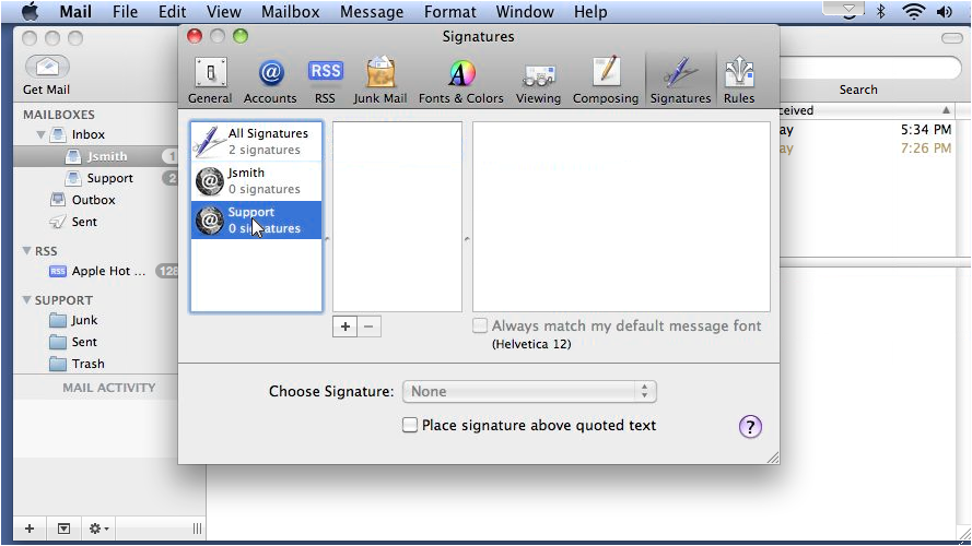 Selecting an account in the Signatures settings