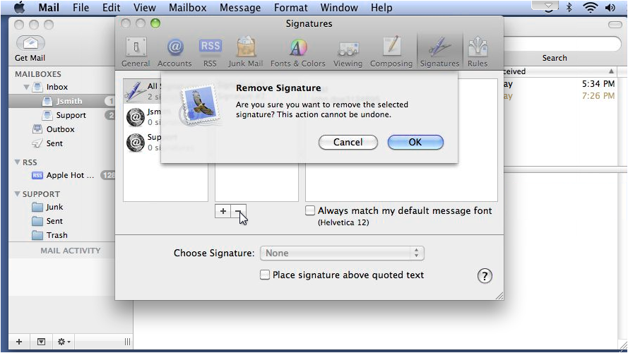 Confirmation dialog for deleting a signature
