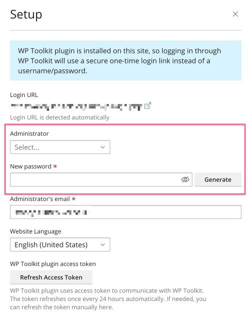 WP Toolkit user management panel