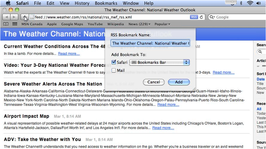 Adding the RSS feed bookmark in Safari