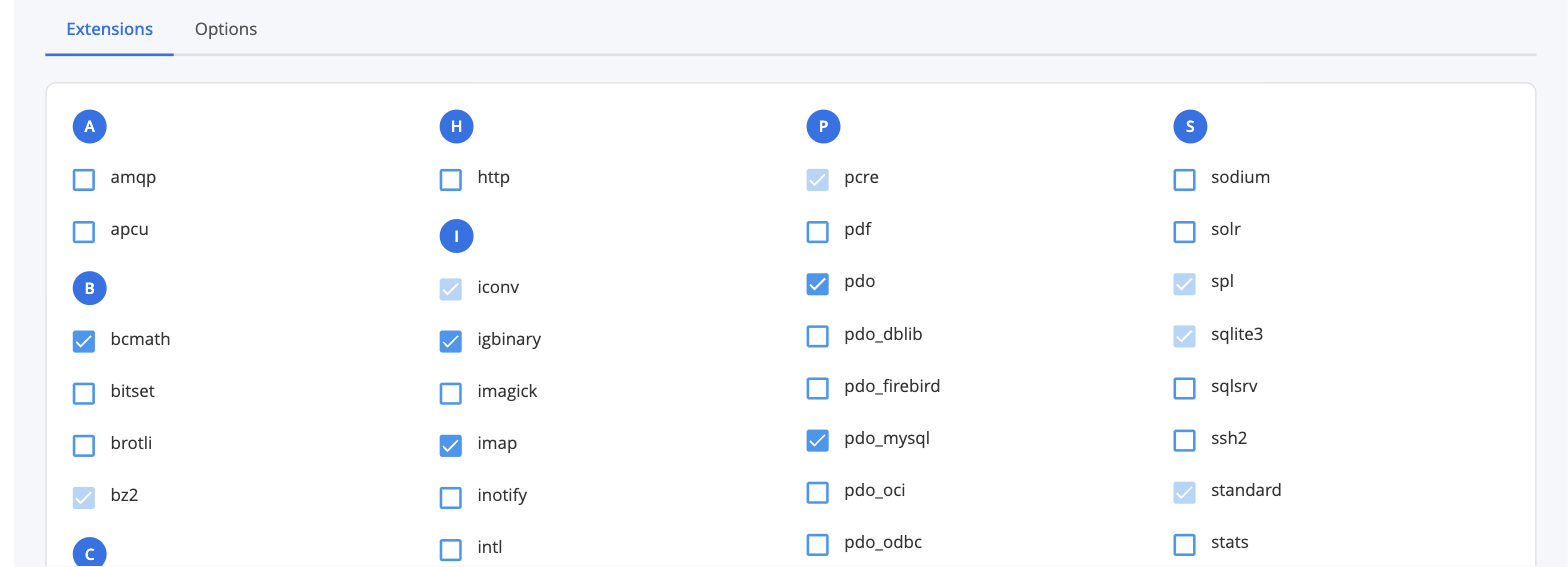 The PHP extensions list in the Select PHP Version tool