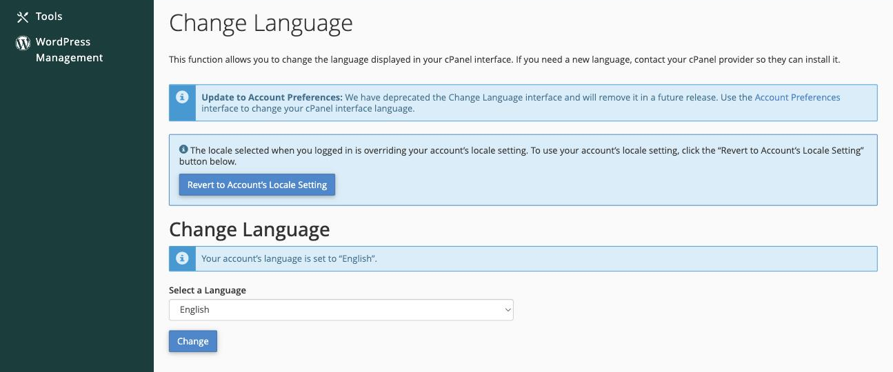 The language selection screen in cPanel