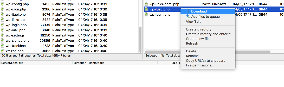 Right-clicking a remote file in FileZilla