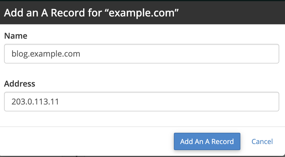 Adding an A record in the Zone Editor