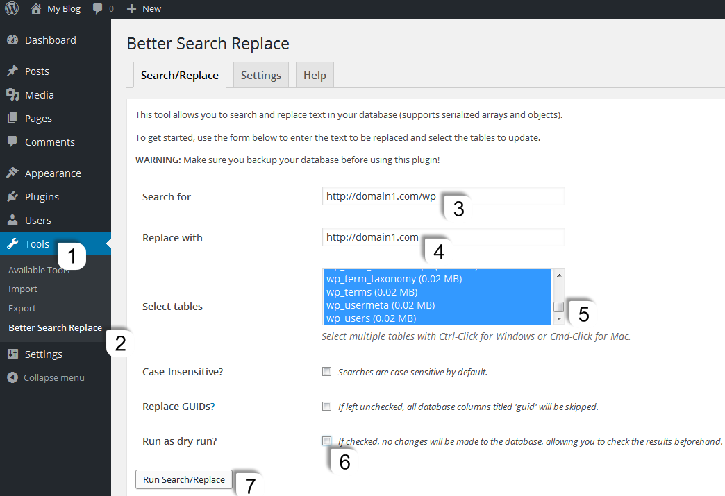 Better Search Replace settings screen