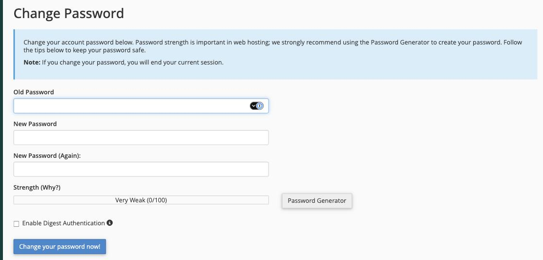 The Change Password form in cPanel's Password & Security tool
