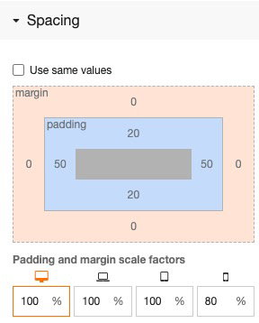 Spacing panel showing 20px top/bottom and 50px left/right padding