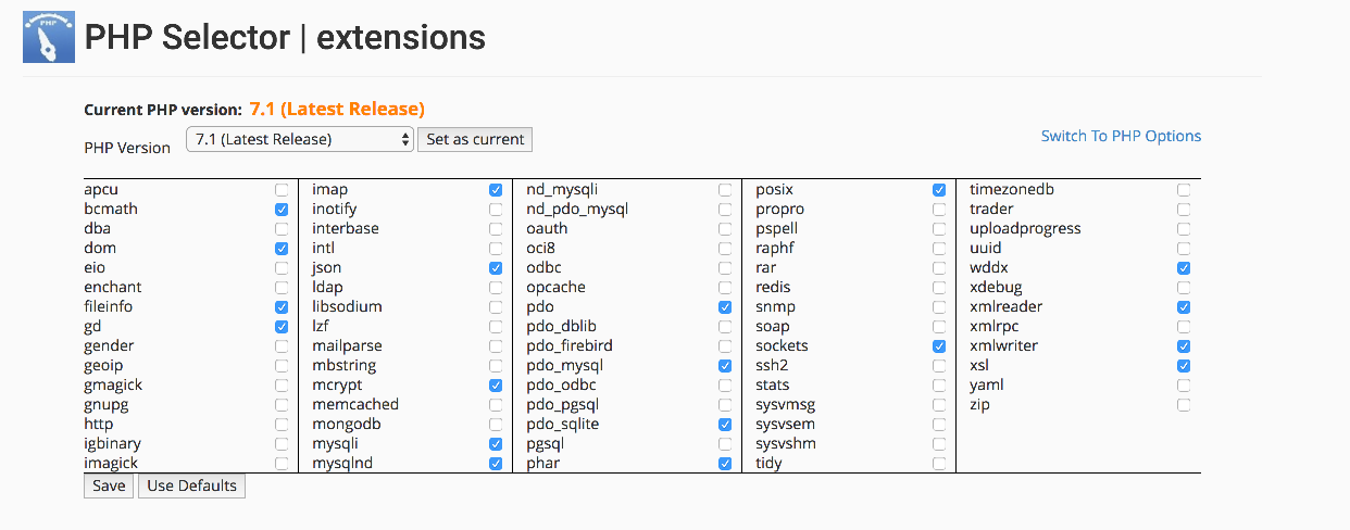 The Select PHP Version screen showing PHP extensions