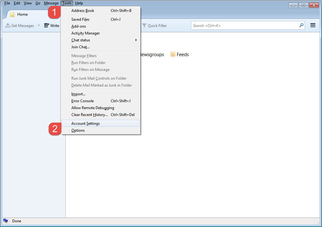 Thunderbird Tools menu with Account Settings highlighted