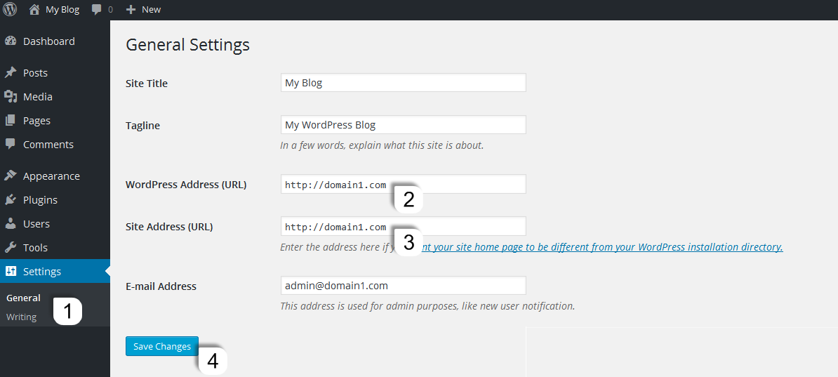 WordPress General Settings showing URL fields