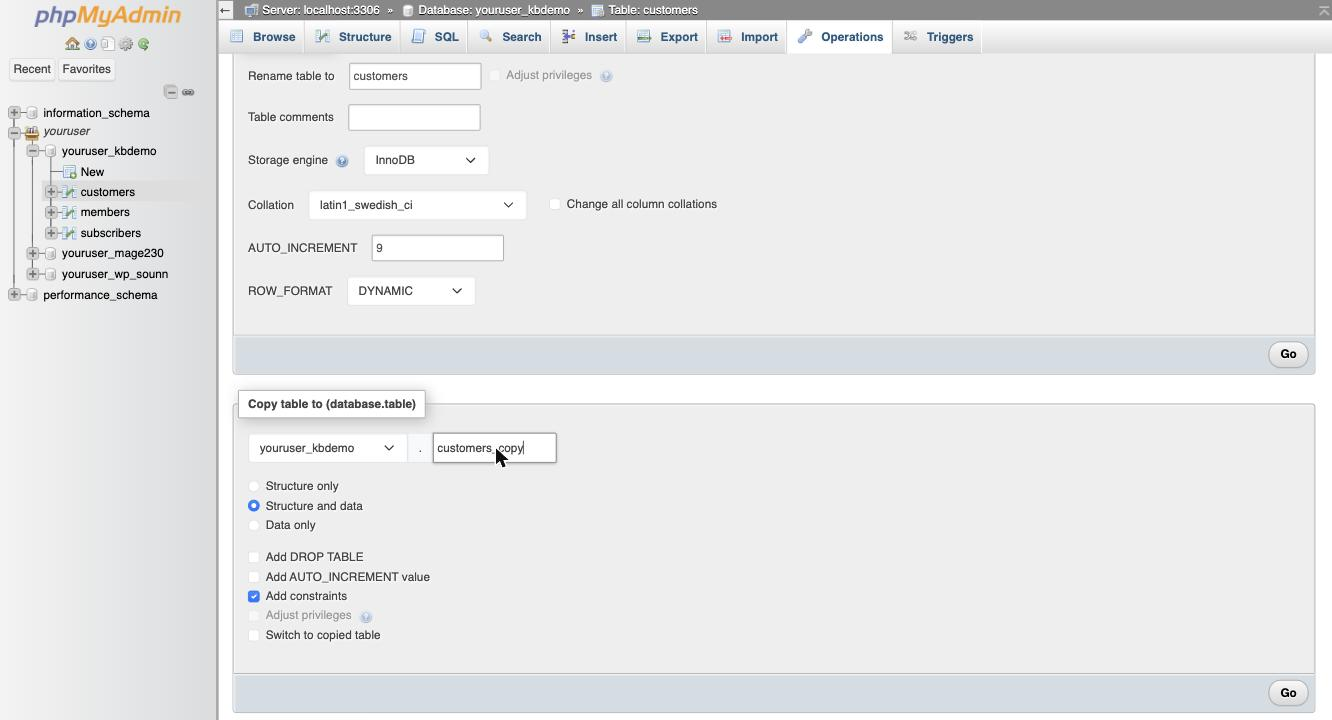 The Copy table to section on the Operations tab in phpMyAdmin