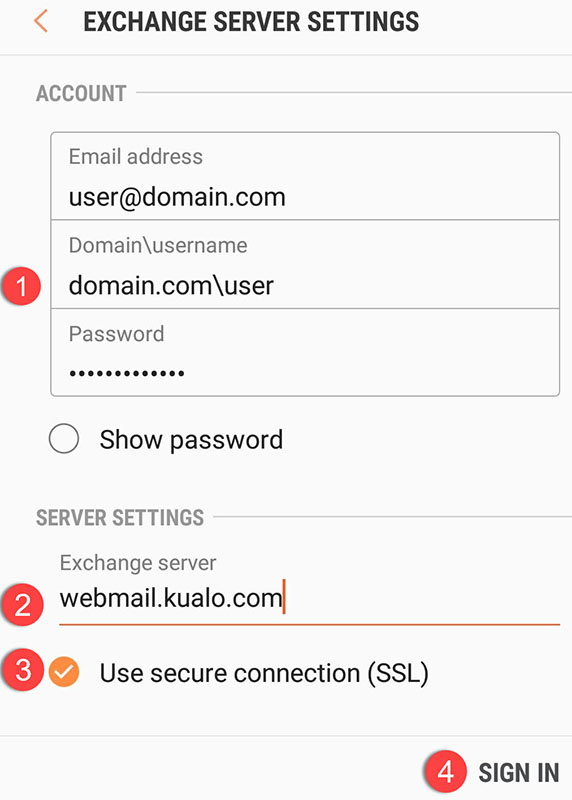 Exchange server settings screen