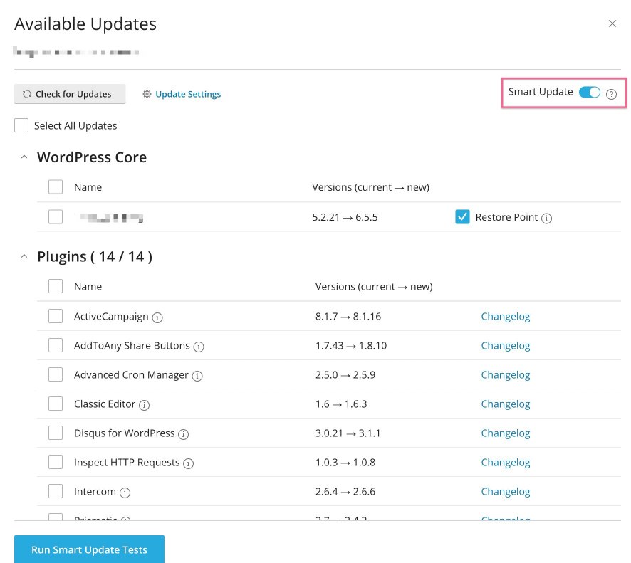 Smart Updates toggle in WP Toolkit
