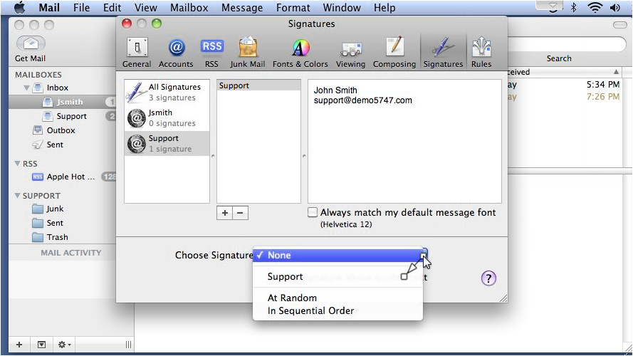 Setting the default signature for an account