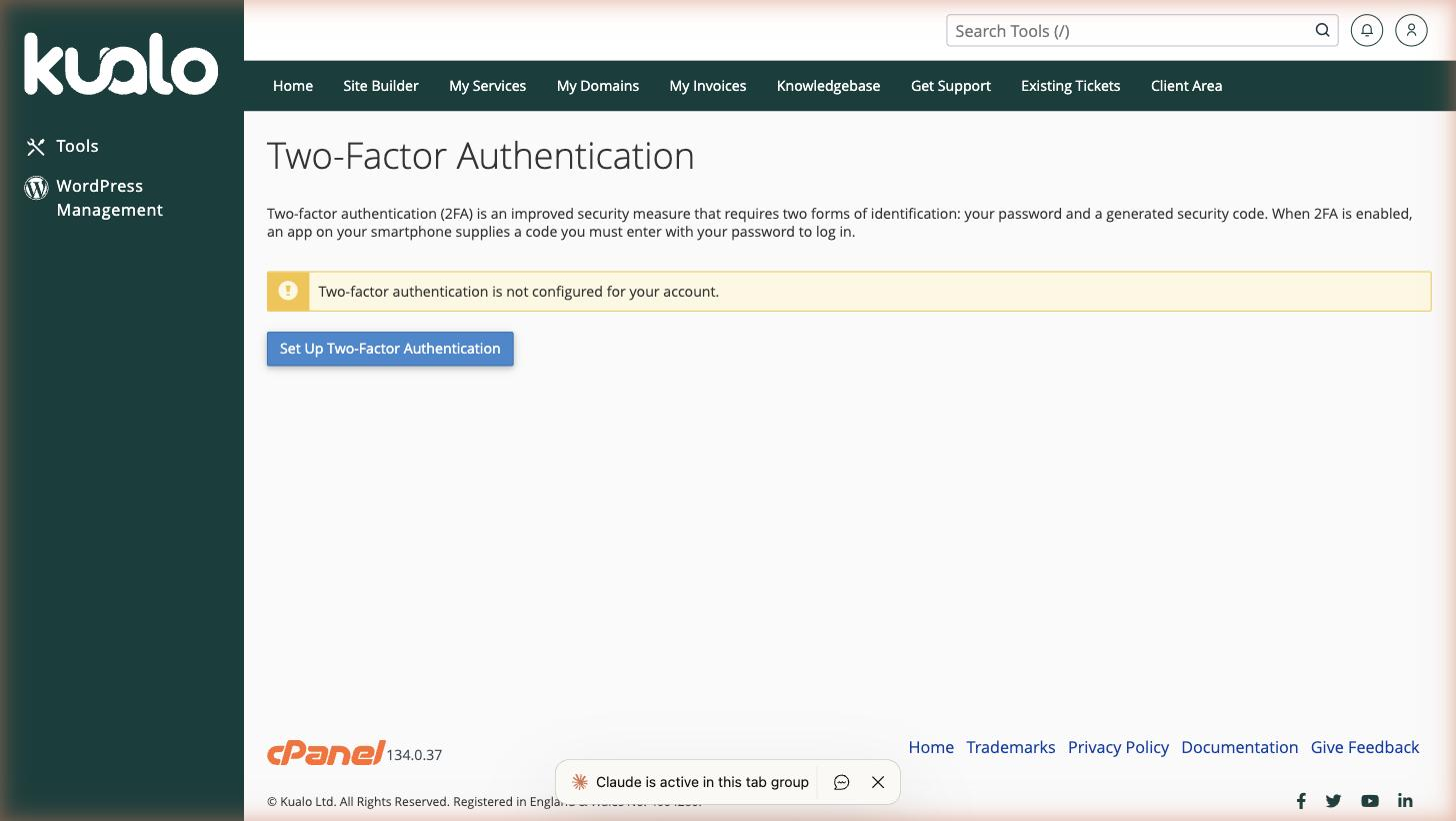 The Two-Factor Authentication screen in cPanel