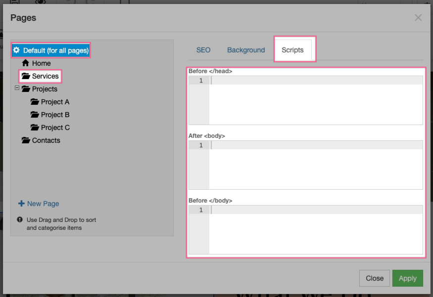 Scripts tab in the Pages modal
