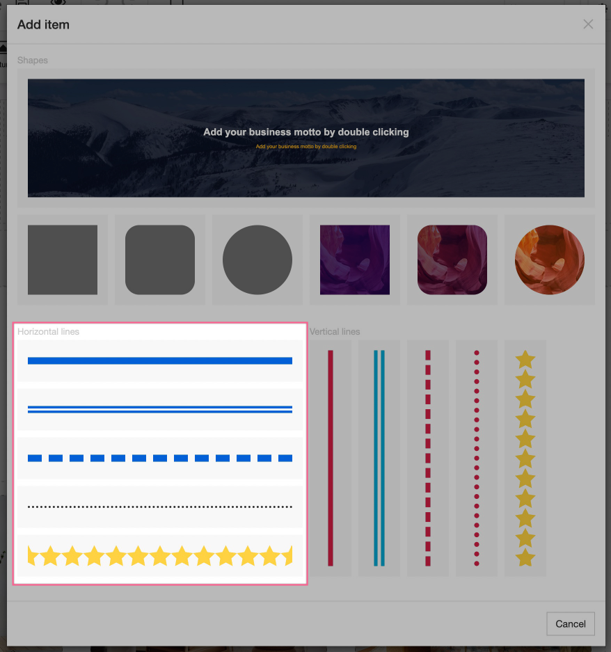 Shapes element panel showing horizontal line options