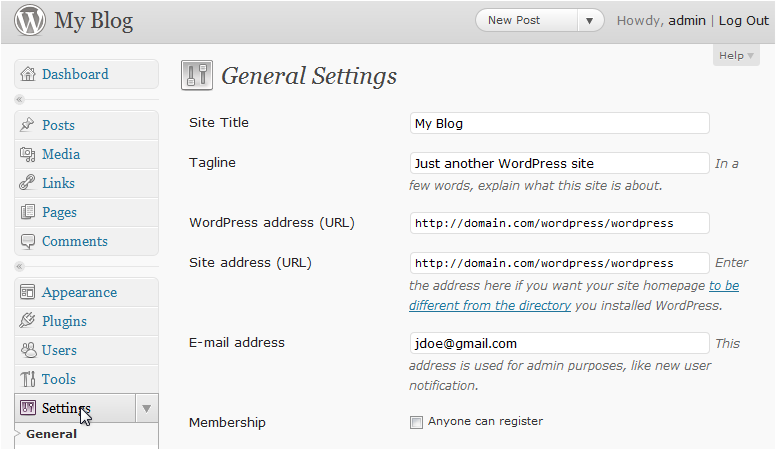 General settings page