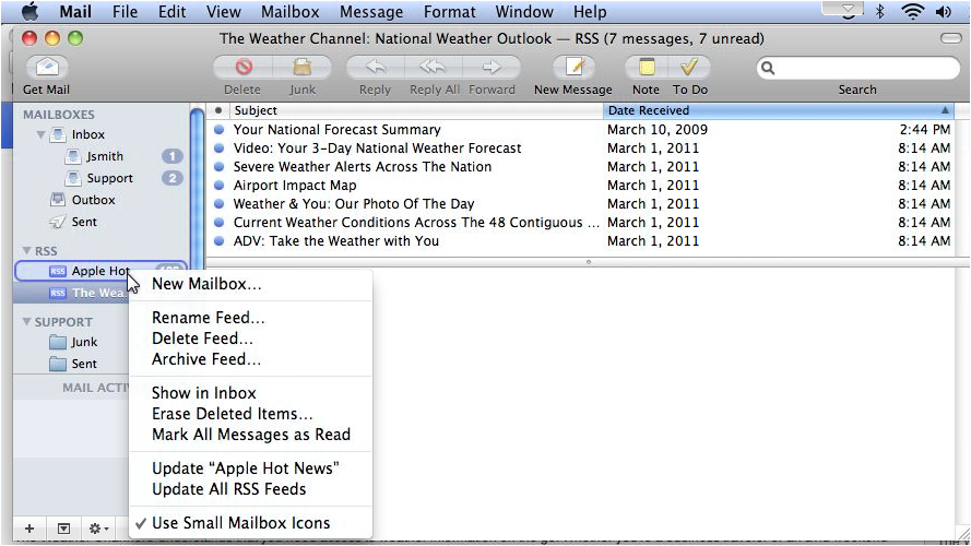 Right-click context menu for an RSS feed