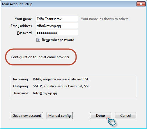 Mail Account Setup wizard showing auto-detected server settings and Done button