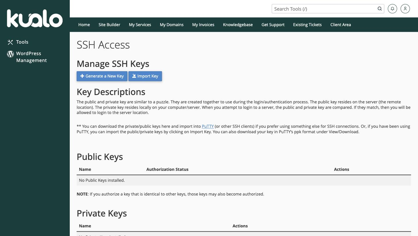 The Manage SSH Keys page in cPanel