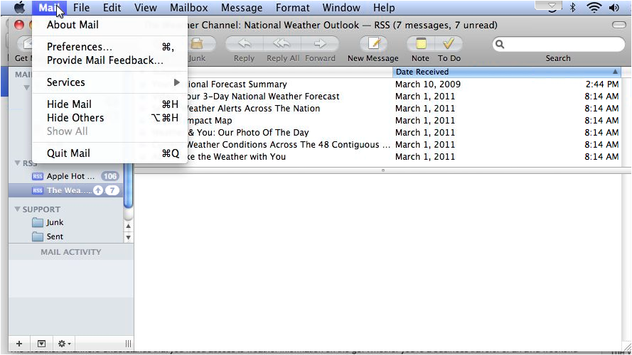 Mail Preferences menu