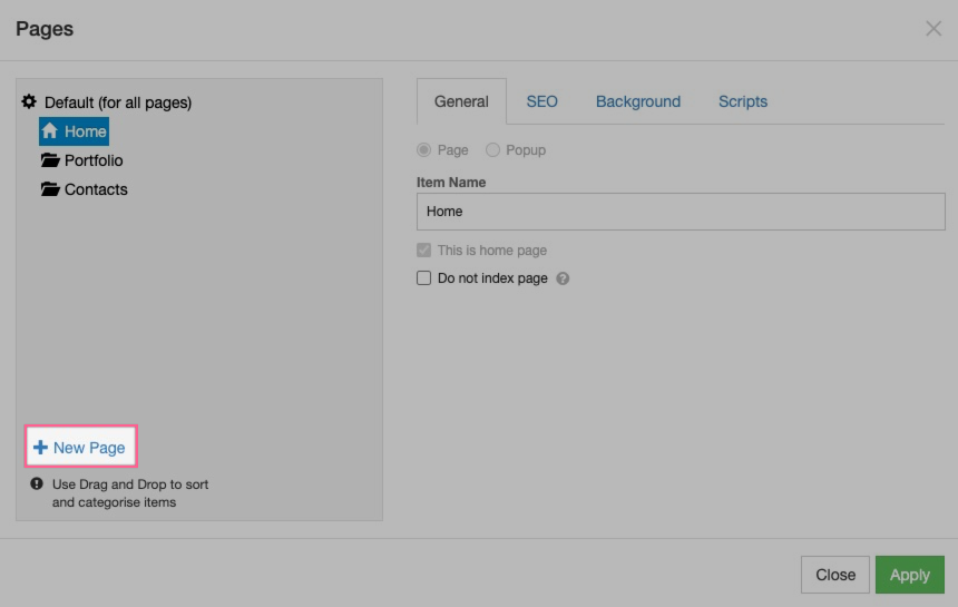 New Page button