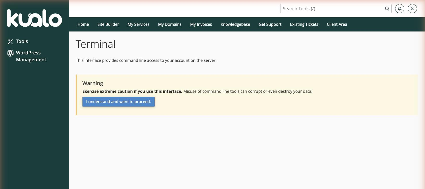 The Terminal warning screen in cPanel