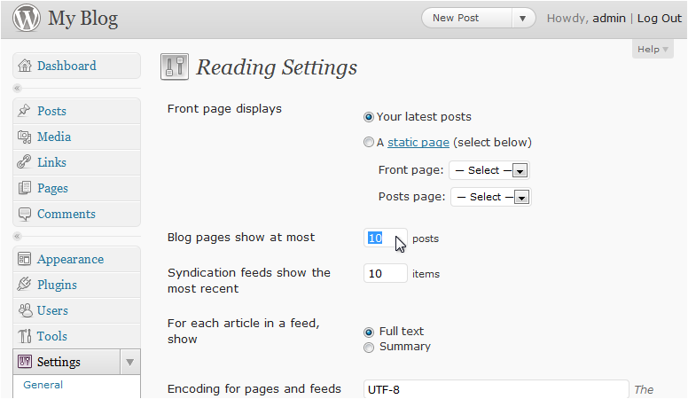 Blog pages to show setting