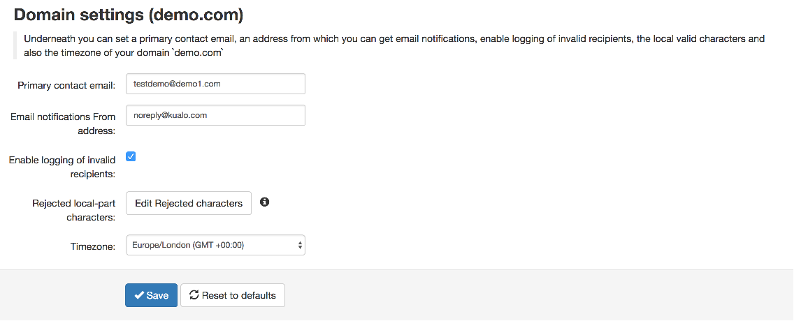 Domain settings screen