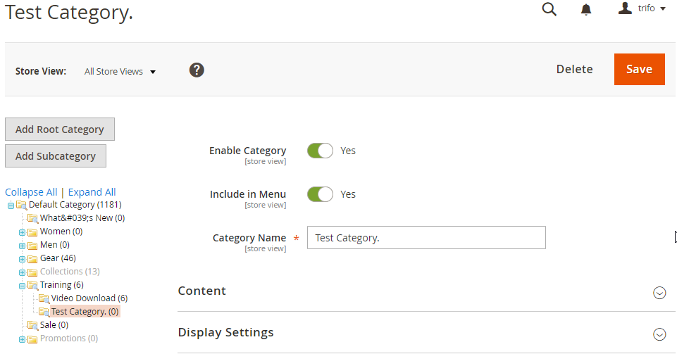 Adding a test subcategory in Magento 2