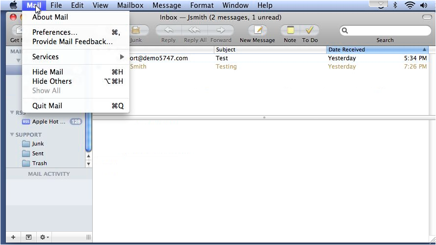 Mail menu showing Preferences option
