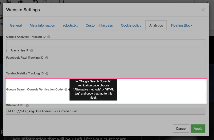 Analytics tab showing the Google Search Console HTML tag field