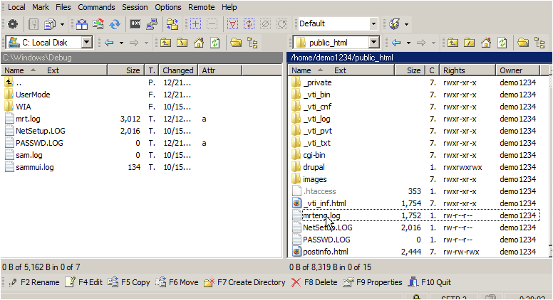 Select a file in the remote panel