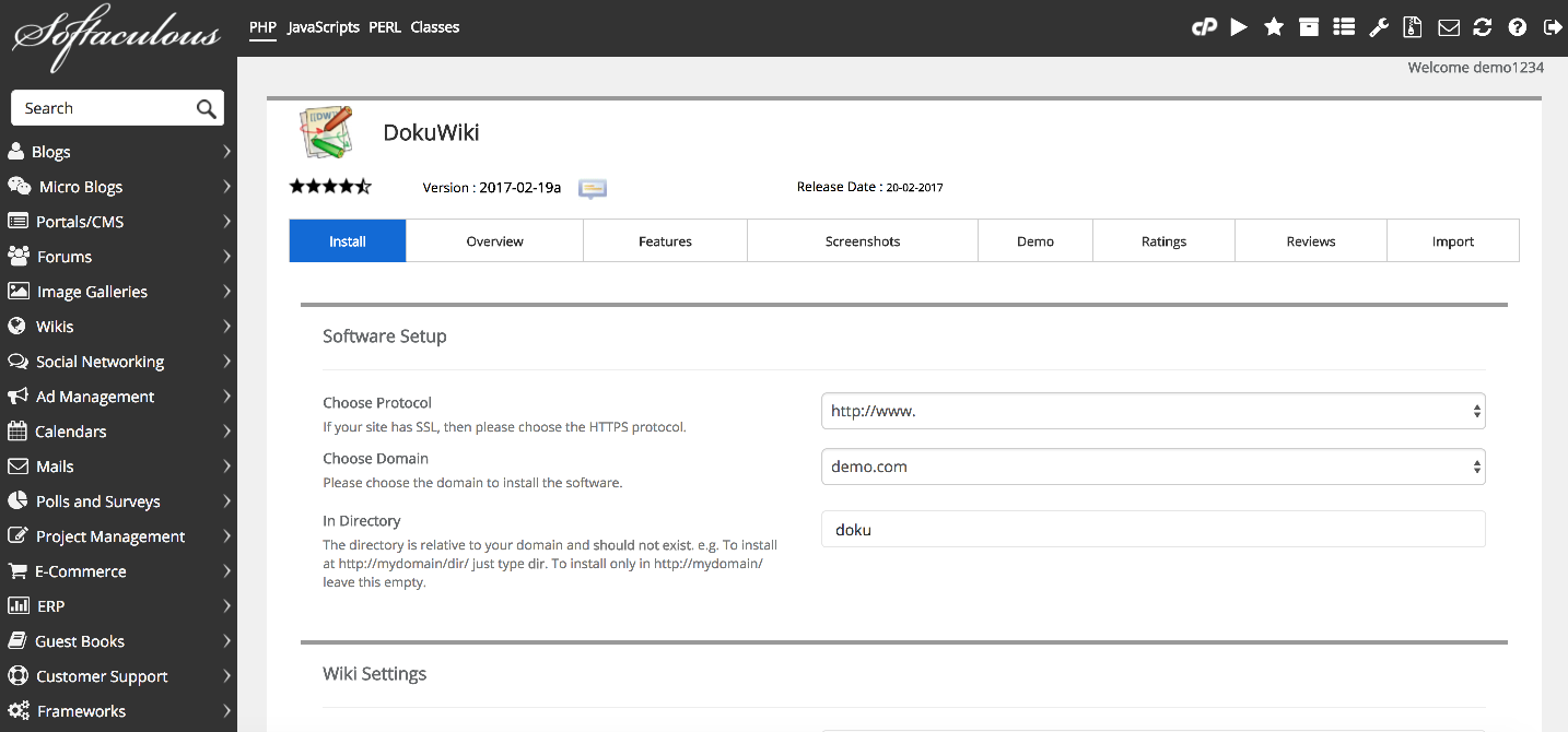 Domain and directory options in the Softaculous install form