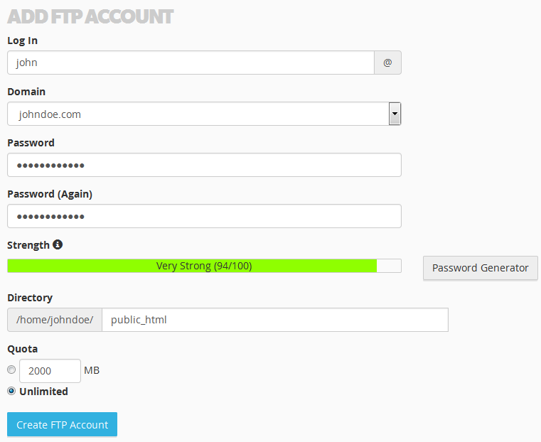 Create FTP account form