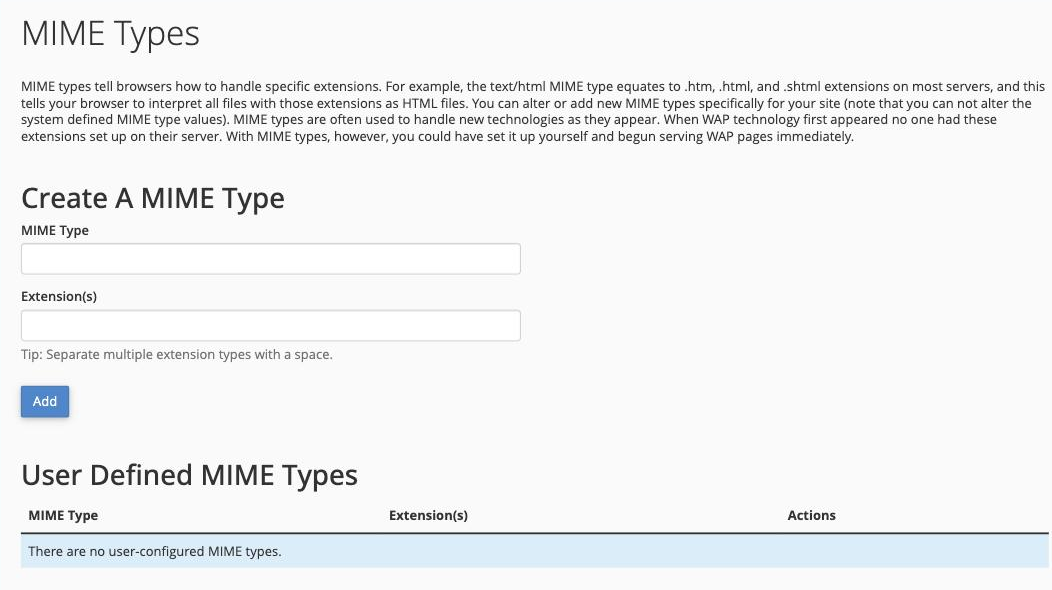 The MIME Types tool in cPanel