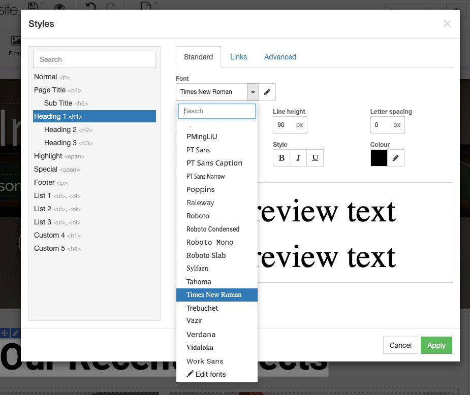 Styles settings panel