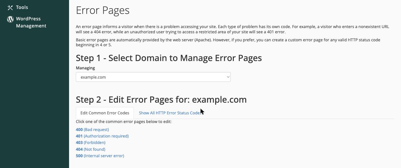 The list of HTTP error codes you can customise