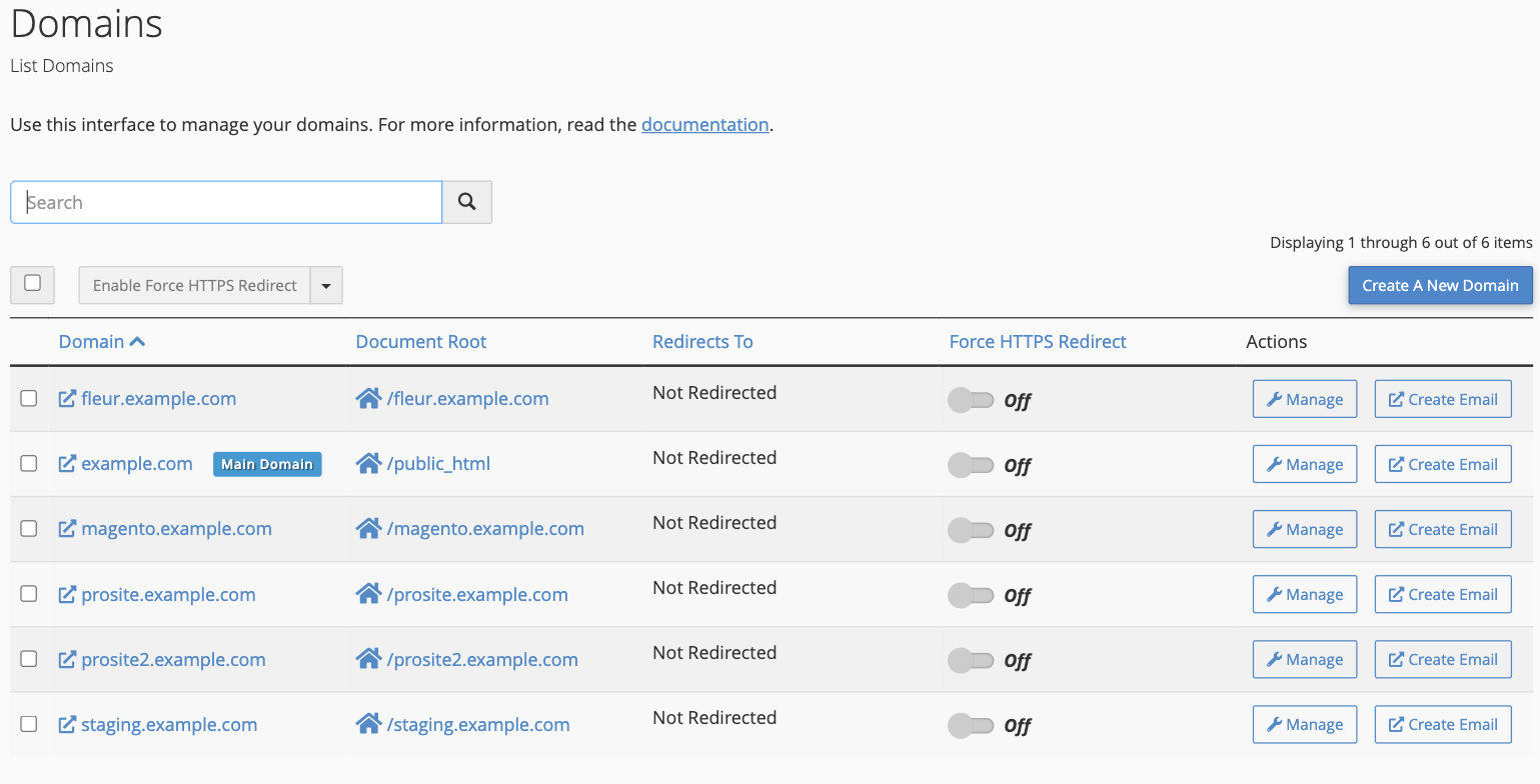 The cPanel Domains tool listing your domains, with the Create A New Domain button