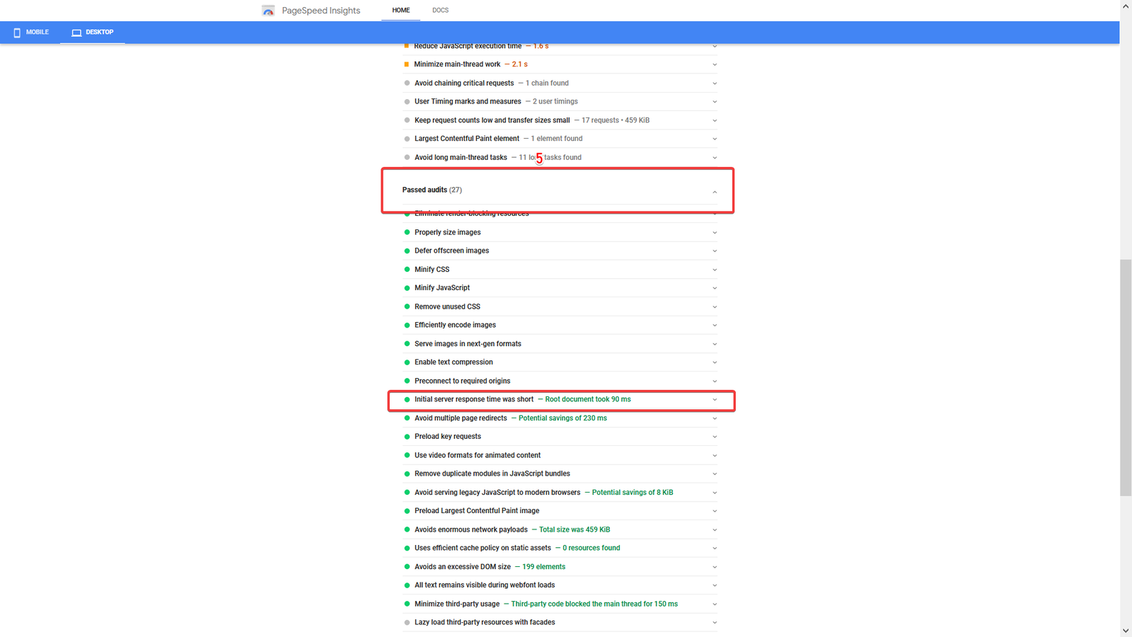 PageSpeed server response detail