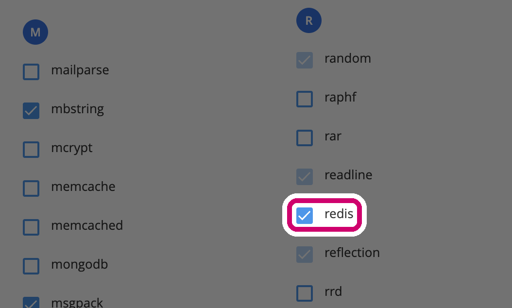 The redis extension ticked in the PHP Selector