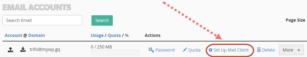 cPanel Email Accounts page showing the Set Up Mail Client option