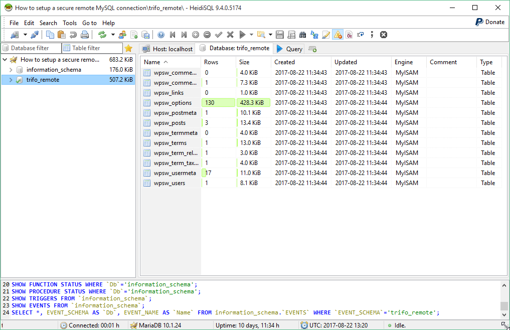 HeidiSQL connected database view