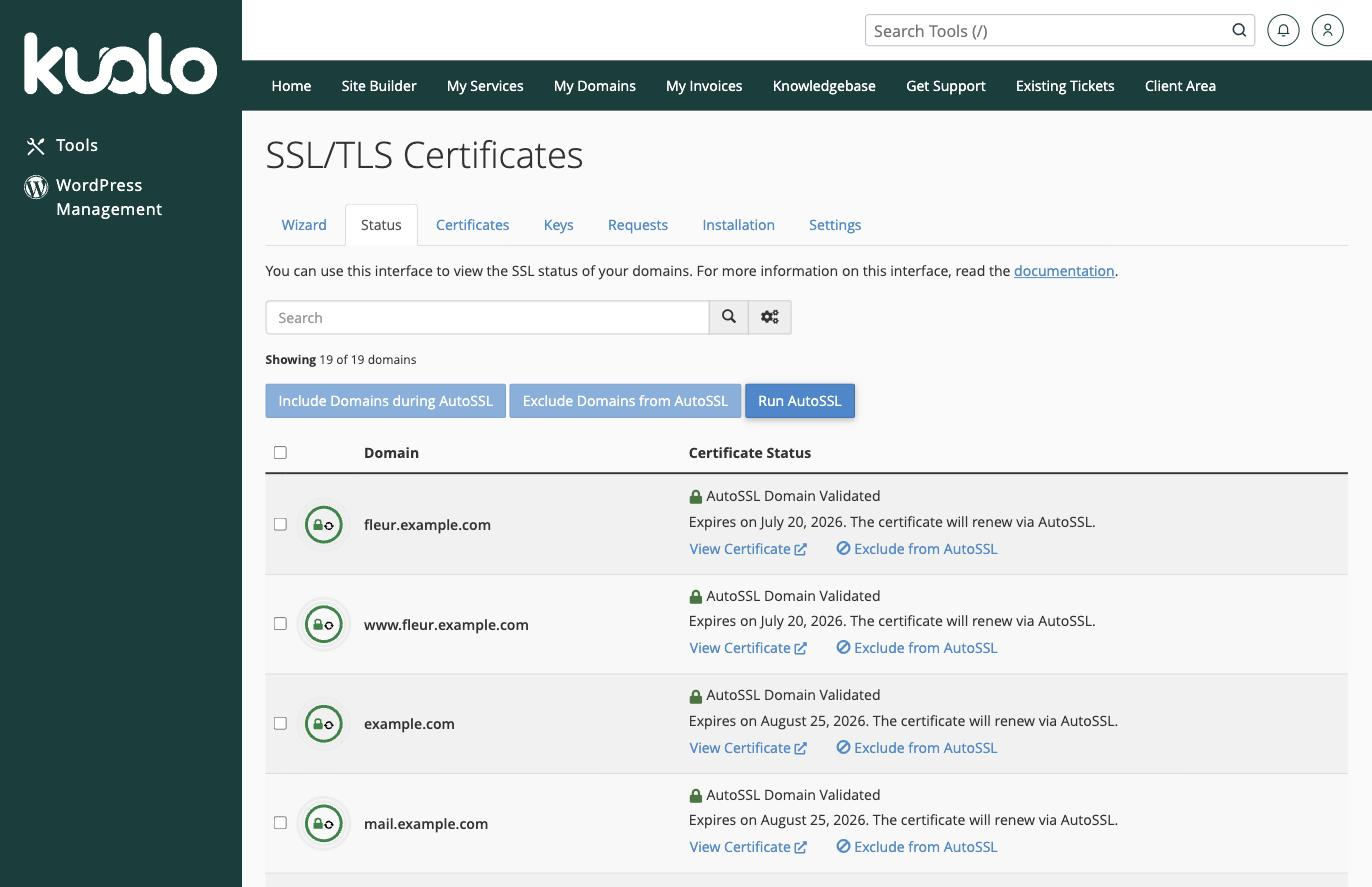 The SSL/TLS Status tab in cPanel