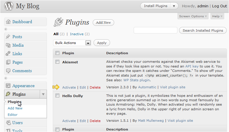 Plugin list screen