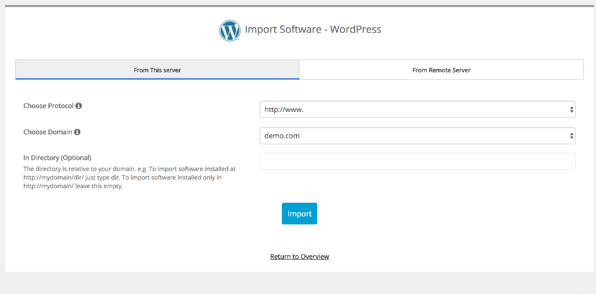 Import screen showing domain and directory fields