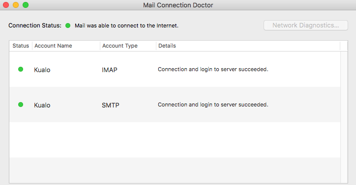 Connection Doctor showing green status for IMAP and SMTP
