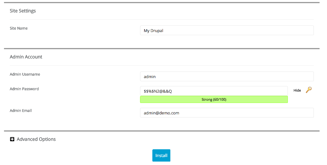 Site name and admin credentials